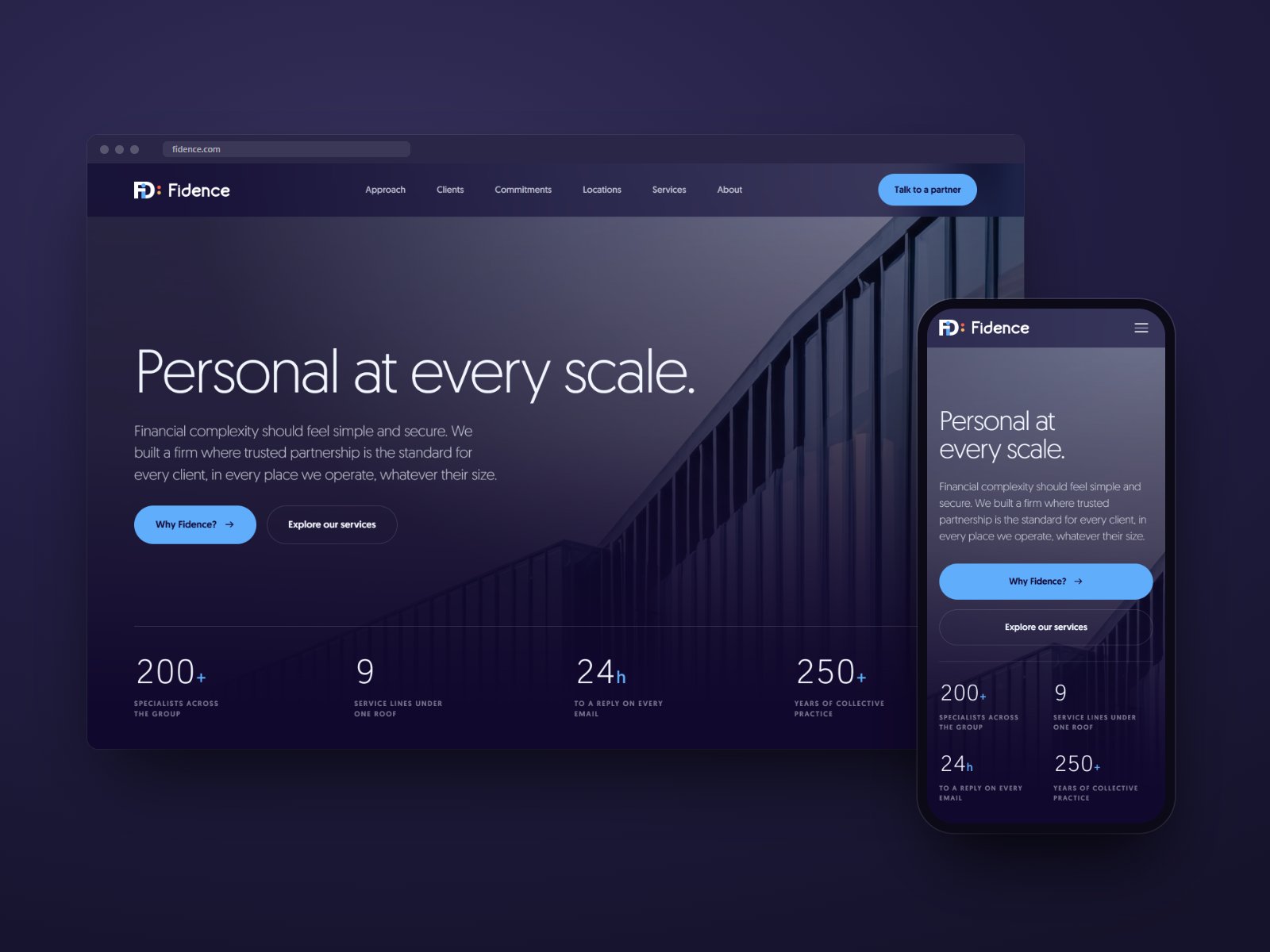 The new fidence.com homepage on desktop and phone